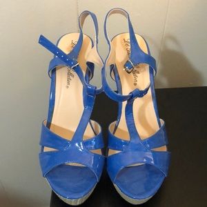 Blue Patent Wedge Sandals